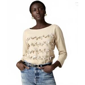 NWT J.Crew Mariner Jersey Long-Sleeve Tee with Floral Sequins & Beading Beige M